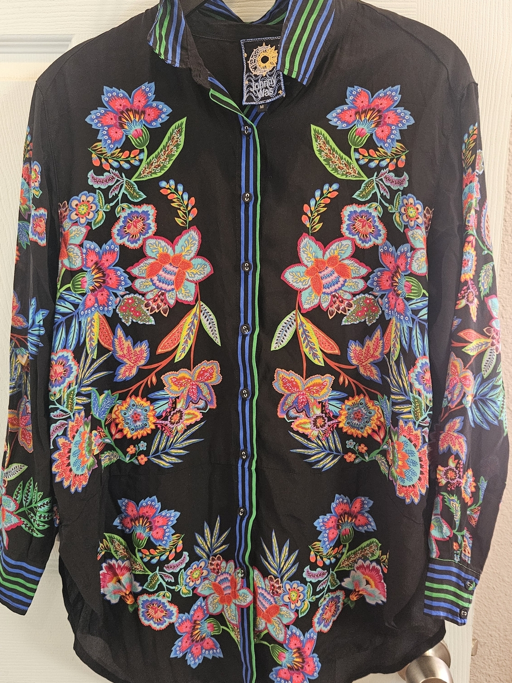 Johnny Was Black Floral Embroidered Button-Up Shirt